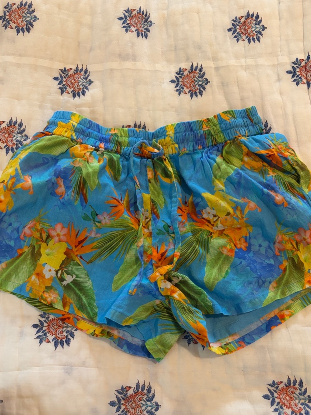 Roller Rabbit Turquoise Floral Elastic-Waist Shorts